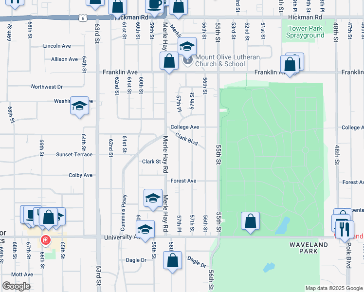 map of restaurants, bars, coffee shops, grocery stores, and more near 5707 Clark Boulevard in Des Moines
