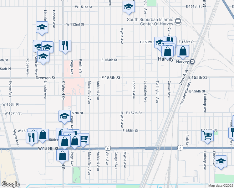 map of restaurants, bars, coffee shops, grocery stores, and more near 15531 Vine Avenue in Harvey