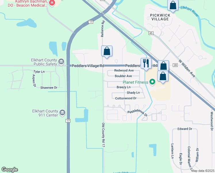 map of restaurants, bars, coffee shops, grocery stores, and more near 61108 Old County Road 17 in Goshen