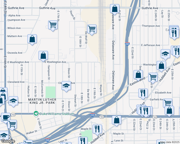 map of restaurants, bars, coffee shops, grocery stores, and more near 1501 De Wolf Street in Des Moines