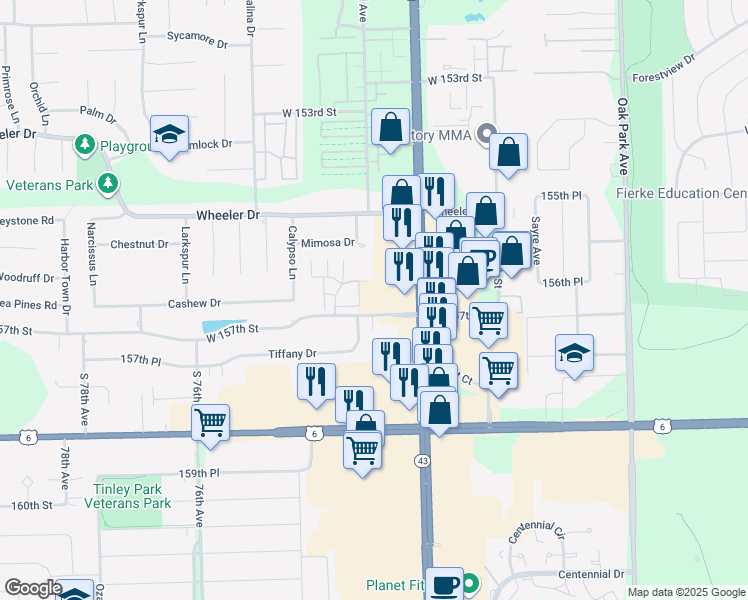 map of restaurants, bars, coffee shops, grocery stores, and more near 7250 West 157th Street in Orland Park