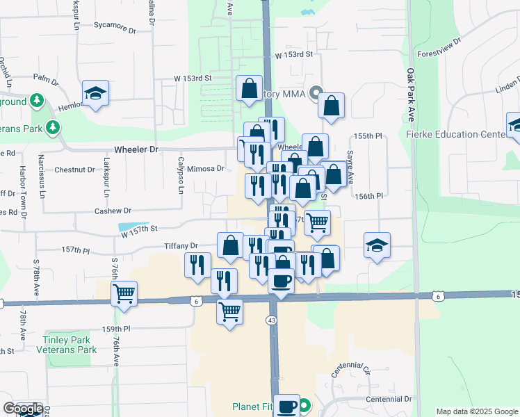 map of restaurants, bars, coffee shops, grocery stores, and more near 15690 South Harlem Avenue in Orland Park