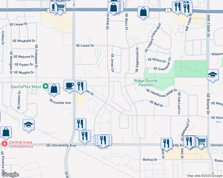 map of restaurants, bars, coffee shops, grocery stores, and more near 1093 Southeast Williams Court in Waukee