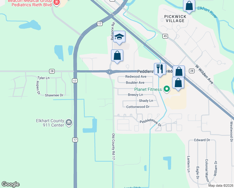 map of restaurants, bars, coffee shops, grocery stores, and more near 443 Brookside Manor in Goshen