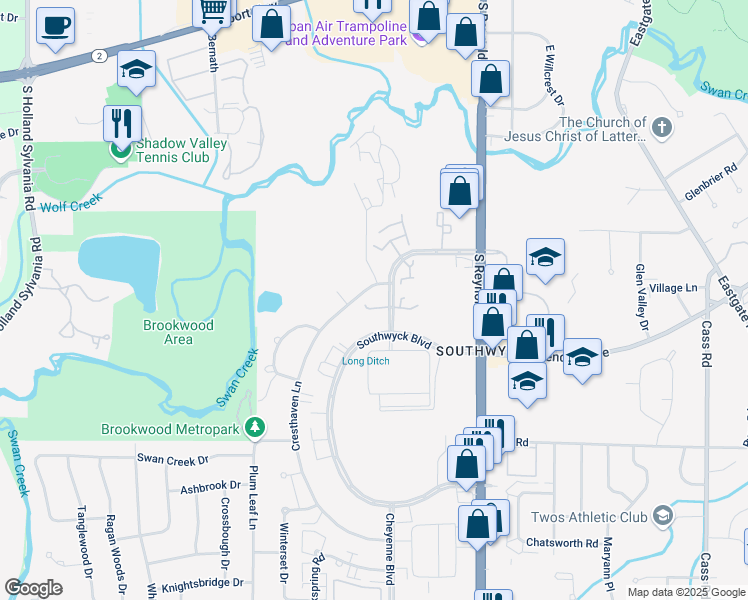 map of restaurants, bars, coffee shops, grocery stores, and more near 5904 Cresthaven Lane in Toledo