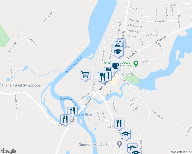 map of restaurants, bars, coffee shops, grocery stores, and more near Mathewson Street & Soule Street in Griswold