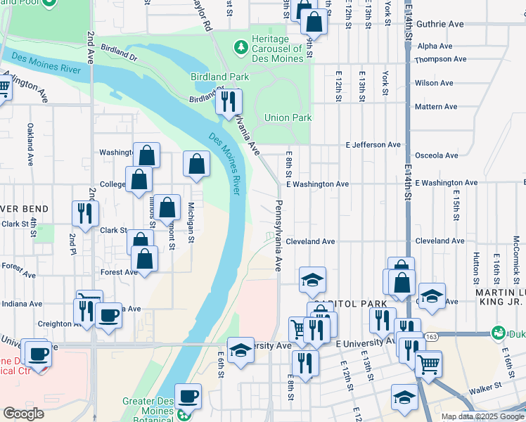 map of restaurants, bars, coffee shops, grocery stores, and more near 1420 Pennsylvania Avenue in Des Moines
