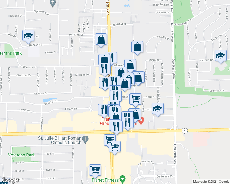 map of restaurants, bars, coffee shops, grocery stores, and more near 15657 South Harlem Avenue in Orland Park