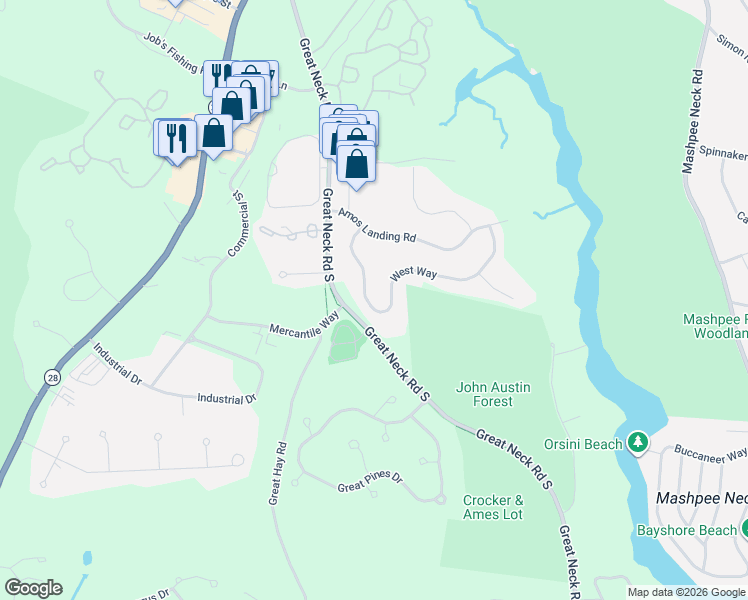 map of restaurants, bars, coffee shops, grocery stores, and more near 54 West Way in Mashpee