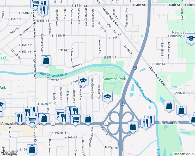 map of restaurants, bars, coffee shops, grocery stores, and more near 15906 Avalon Avenue in South Holland