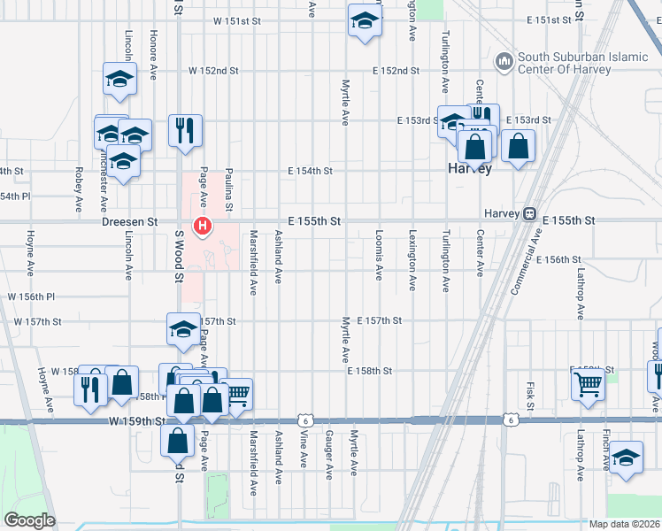 map of restaurants, bars, coffee shops, grocery stores, and more near 41 East 156th Street in Harvey