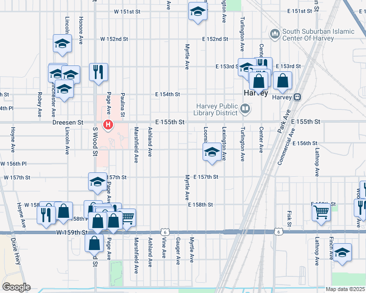 map of restaurants, bars, coffee shops, grocery stores, and more near 53 East 156th Street in Harvey