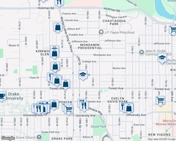 map of restaurants, bars, coffee shops, grocery stores, and more near 1532 17th Street in Des Moines
