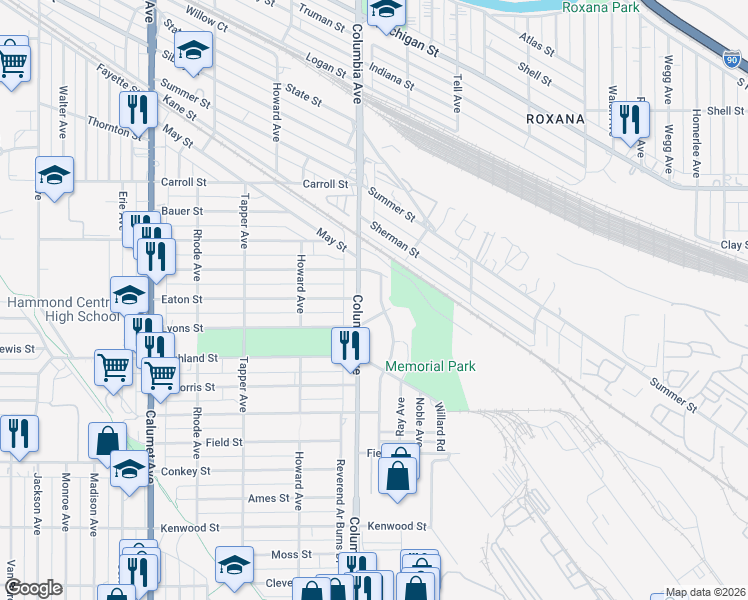 map of restaurants, bars, coffee shops, grocery stores, and more near 5840 Wallace Road in Hammond
