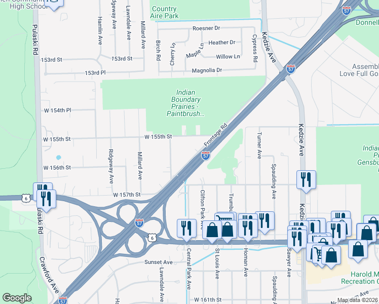 map of restaurants, bars, coffee shops, grocery stores, and more near 15508 Frontage Road in Markham