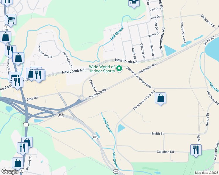 map of restaurants, bars, coffee shops, grocery stores, and more near Davisville Road in North Kingstown