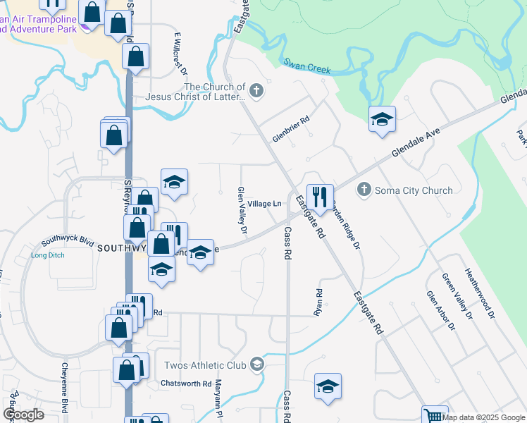 map of restaurants, bars, coffee shops, grocery stores, and more near 4800-4822 Village Lane in Toledo