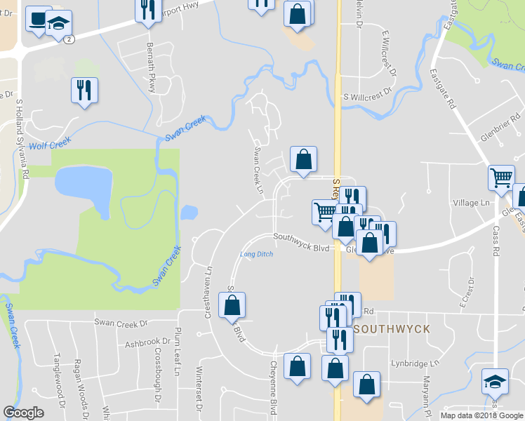 map of restaurants, bars, coffee shops, grocery stores, and more near 5904 Cresthaven Lane in Toledo