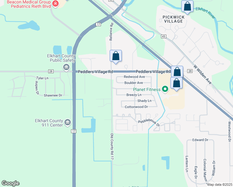map of restaurants, bars, coffee shops, grocery stores, and more near 61108 Old County Road 17 in Goshen