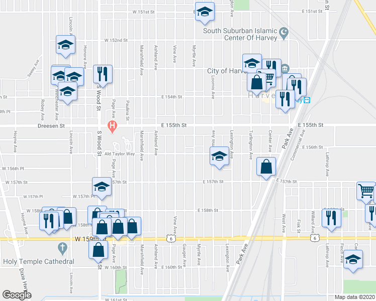map of restaurants, bars, coffee shops, grocery stores, and more near 15527 Myrtle Avenue in Harvey