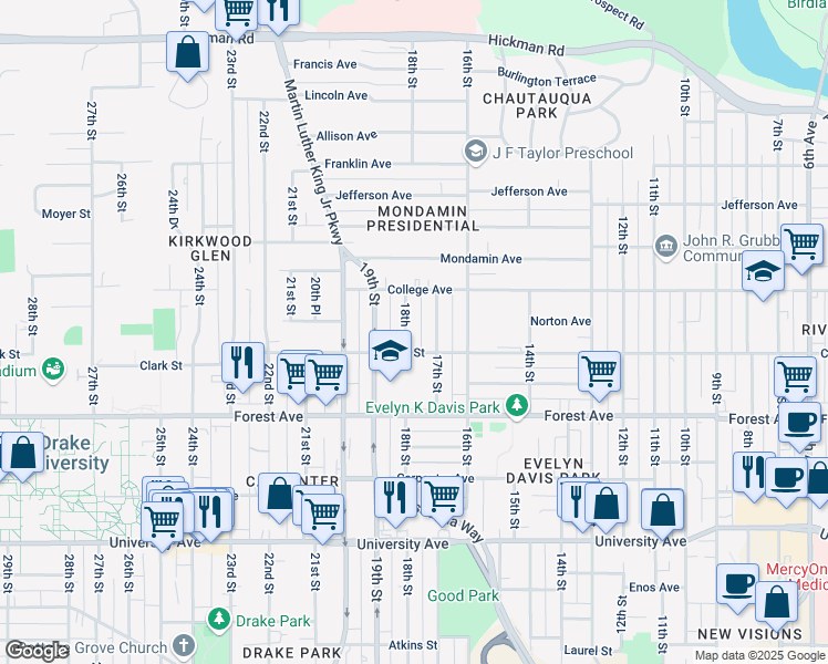 map of restaurants, bars, coffee shops, grocery stores, and more near 1532 17th Street in Des Moines
