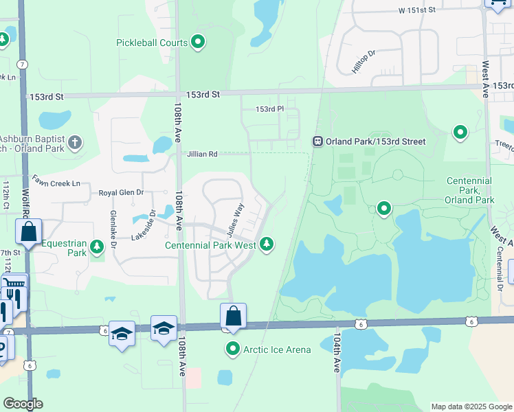 map of restaurants, bars, coffee shops, grocery stores, and more near 15533 Julies Way in Orland Park