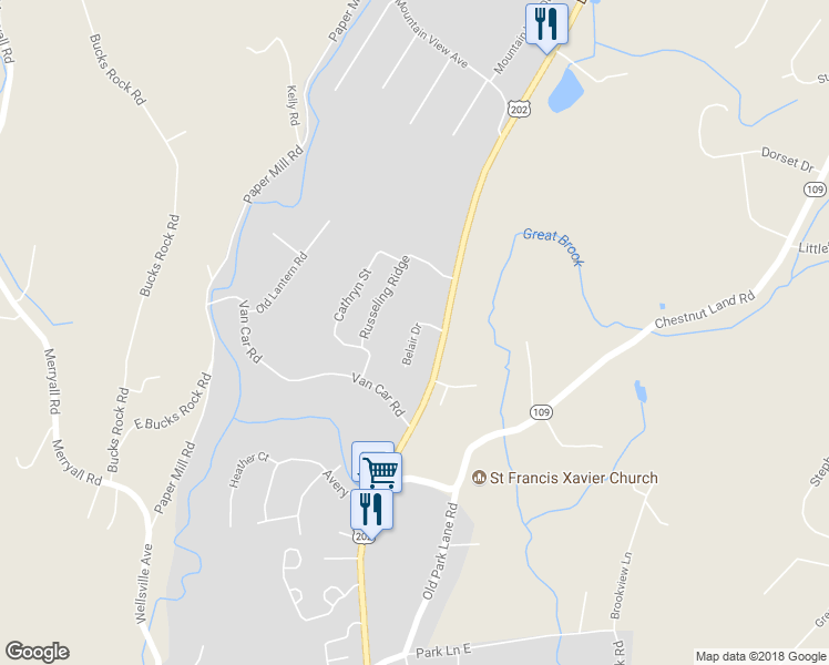 map of restaurants, bars, coffee shops, grocery stores, and more near 102 Belair Drive in New Milford