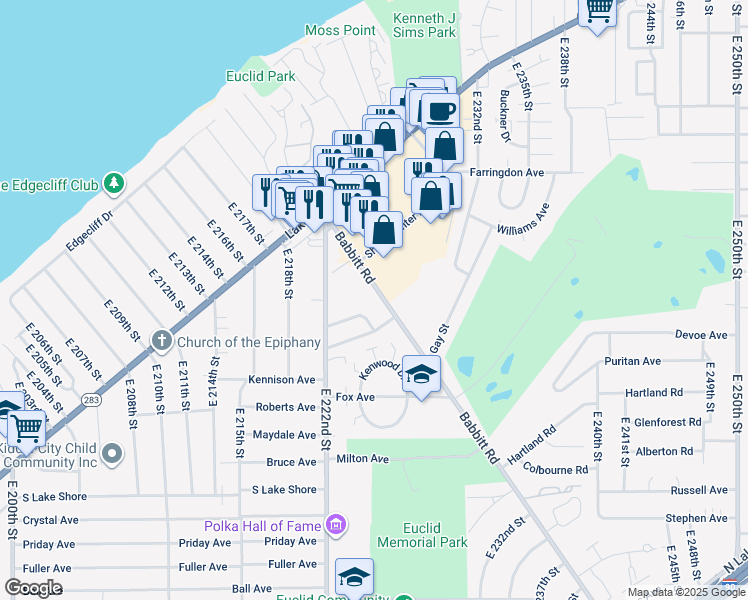map of restaurants, bars, coffee shops, grocery stores, and more near 344 Babbitt Road in Euclid
