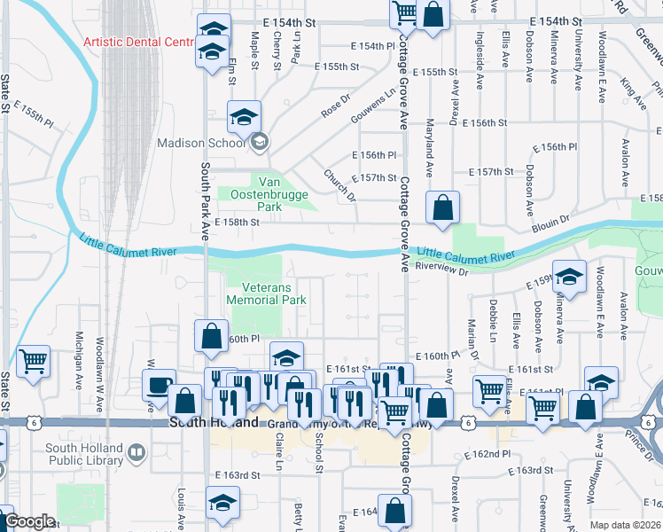map of restaurants, bars, coffee shops, grocery stores, and more near 600 Riverview Drive in South Holland