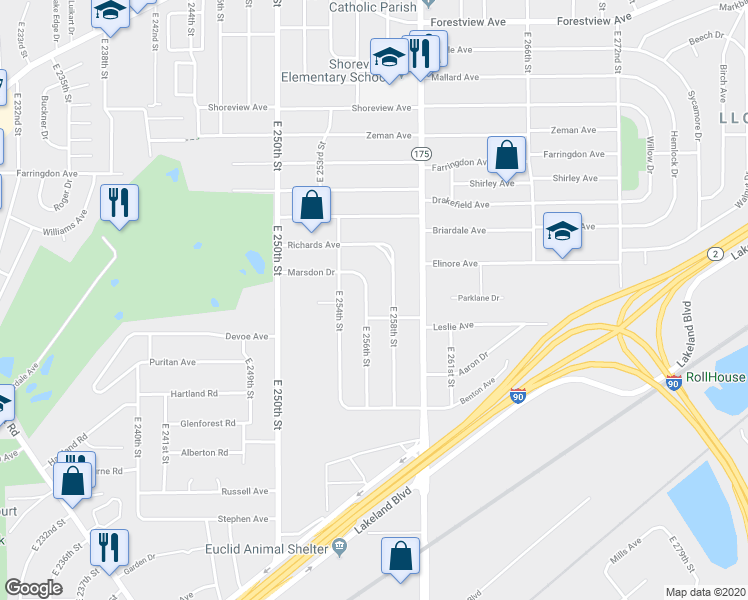 map of restaurants, bars, coffee shops, grocery stores, and more near 741 East 256th Street in Euclid