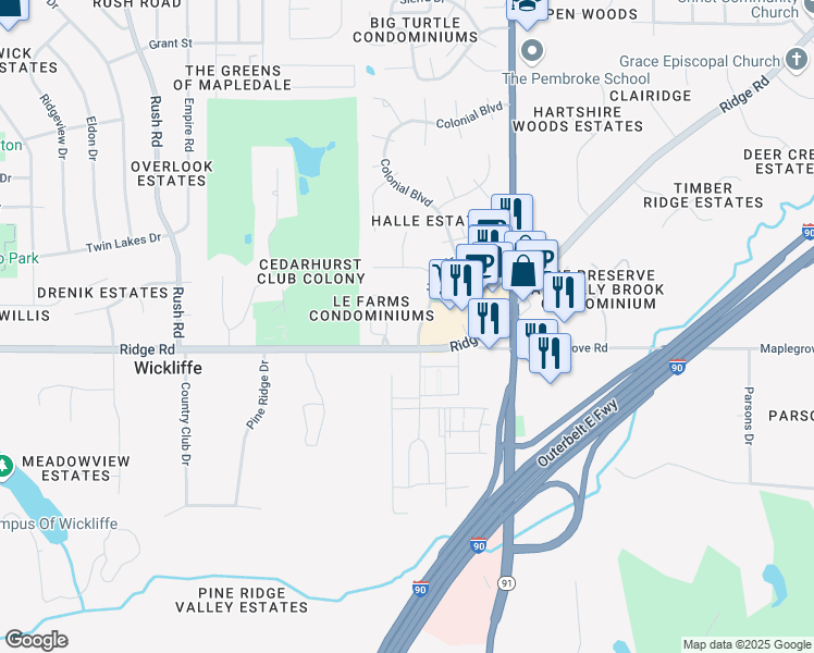 map of restaurants, bars, coffee shops, grocery stores, and more near 34251 Ridge Road in Willoughby