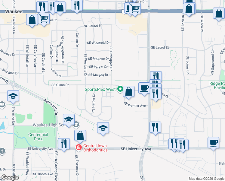 map of restaurants, bars, coffee shops, grocery stores, and more near 852 Southeast Mulberry Lane in Waukee