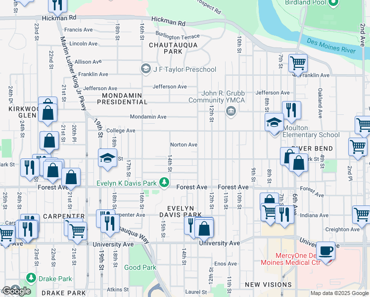 map of restaurants, bars, coffee shops, grocery stores, and more near 1322 Norton Avenue in Des Moines