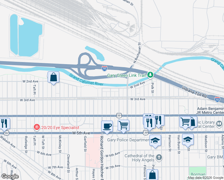 map of restaurants, bars, coffee shops, grocery stores, and more near 1400-1498 West 2nd Avenue in Gary