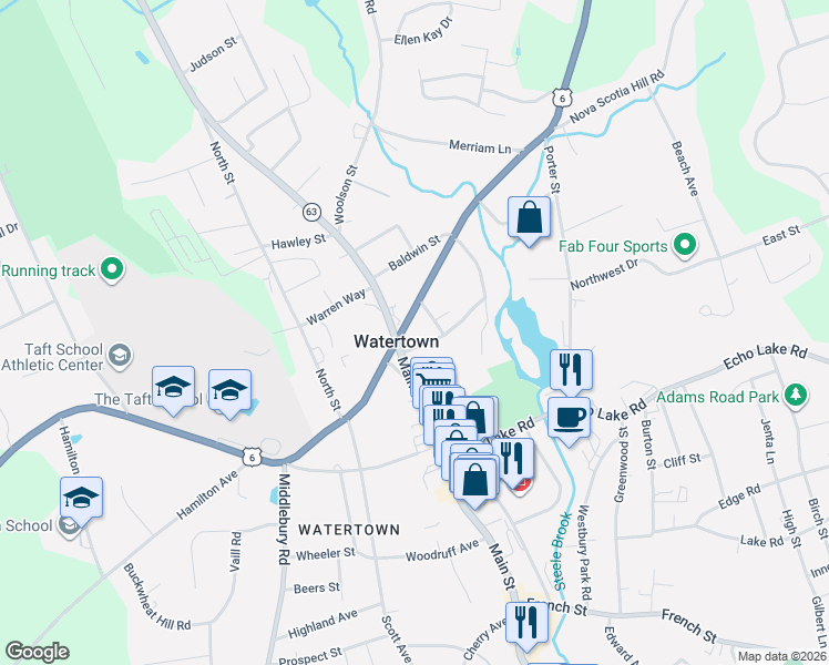 map of restaurants, bars, coffee shops, grocery stores, and more near 18 Cutler Street in Watertown