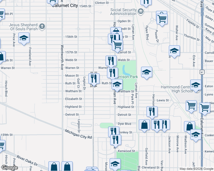 map of restaurants, bars, coffee shops, grocery stores, and more near 41 Ruth Street in Hammond