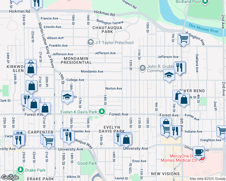 map of restaurants, bars, coffee shops, grocery stores, and more near 1339 Norton Avenue in Des Moines