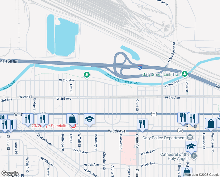 map of restaurants, bars, coffee shops, grocery stores, and more near 213 Cleveland Street in Gary