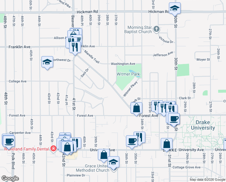 map of restaurants, bars, coffee shops, grocery stores, and more near 1516 Beaver Avenue in Des Moines