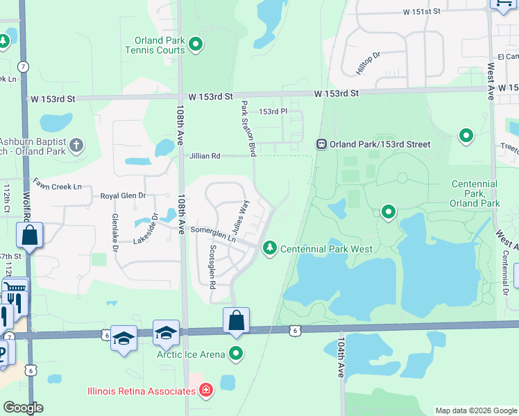 map of restaurants, bars, coffee shops, grocery stores, and more near 15533 Julies Way in Orland Park