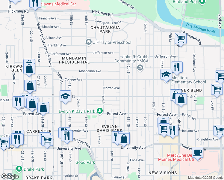map of restaurants, bars, coffee shops, grocery stores, and more near 1322 Norton Avenue in Des Moines