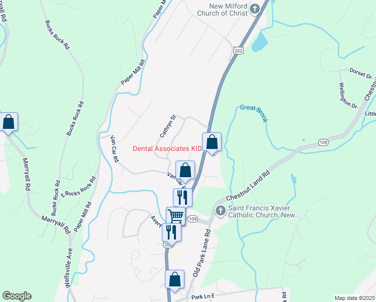 map of restaurants, bars, coffee shops, grocery stores, and more near 105 Belair Drive in New Milford