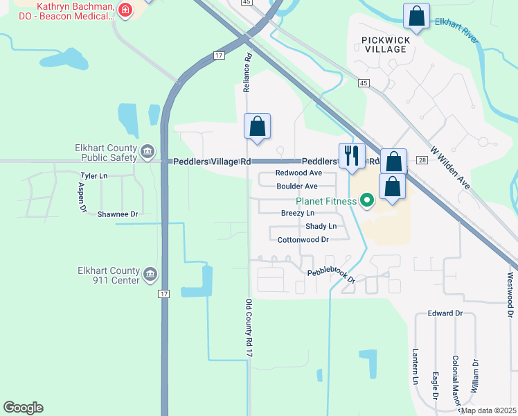 map of restaurants, bars, coffee shops, grocery stores, and more near 61108 Old County Road 17 in Goshen