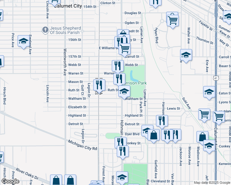 map of restaurants, bars, coffee shops, grocery stores, and more near 41 Ruth Street in Hammond