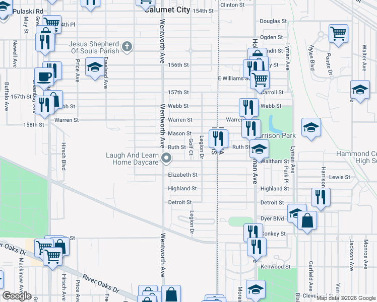 map of restaurants, bars, coffee shops, grocery stores, and more near 114 Ruth Street in Calumet City