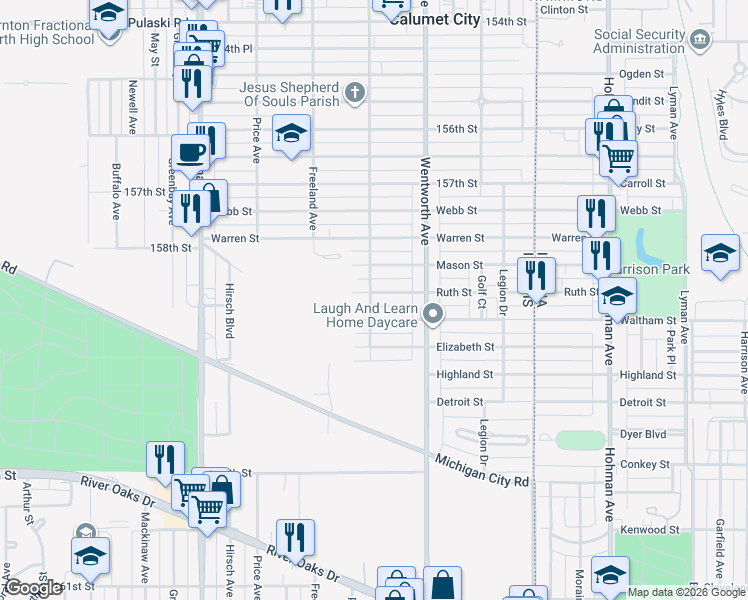 map of restaurants, bars, coffee shops, grocery stores, and more near 300 Ruth Street in Calumet City