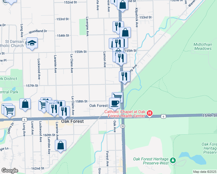 map of restaurants, bars, coffee shops, grocery stores, and more near 4820 157th Street in Oak Forest