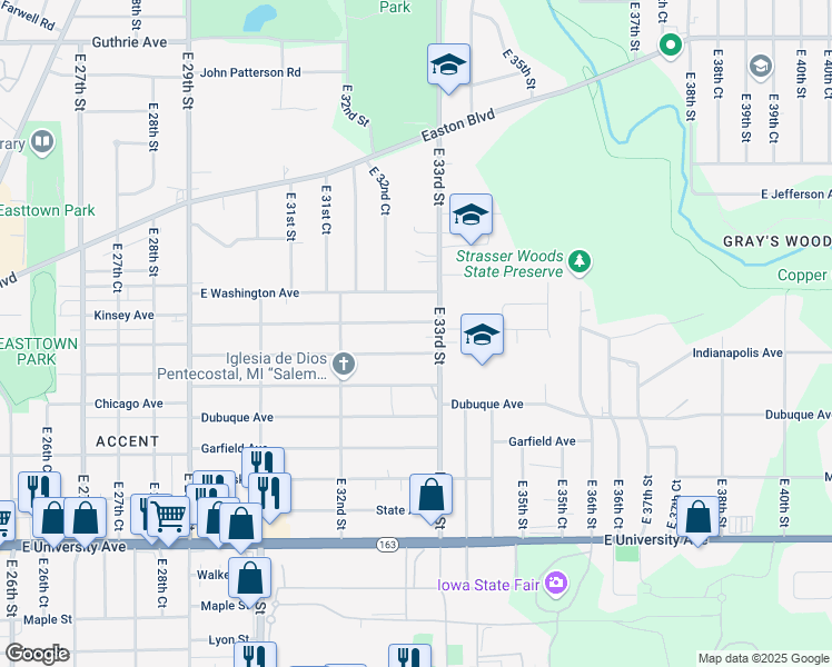 map of restaurants, bars, coffee shops, grocery stores, and more near 1528 East 33rd Street in Des Moines