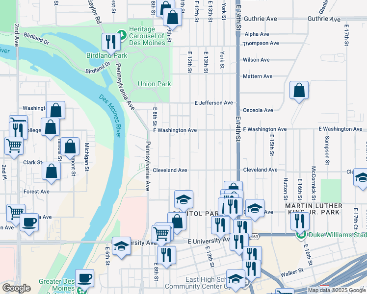 map of restaurants, bars, coffee shops, grocery stores, and more near 1519 East 9th Street in Des Moines