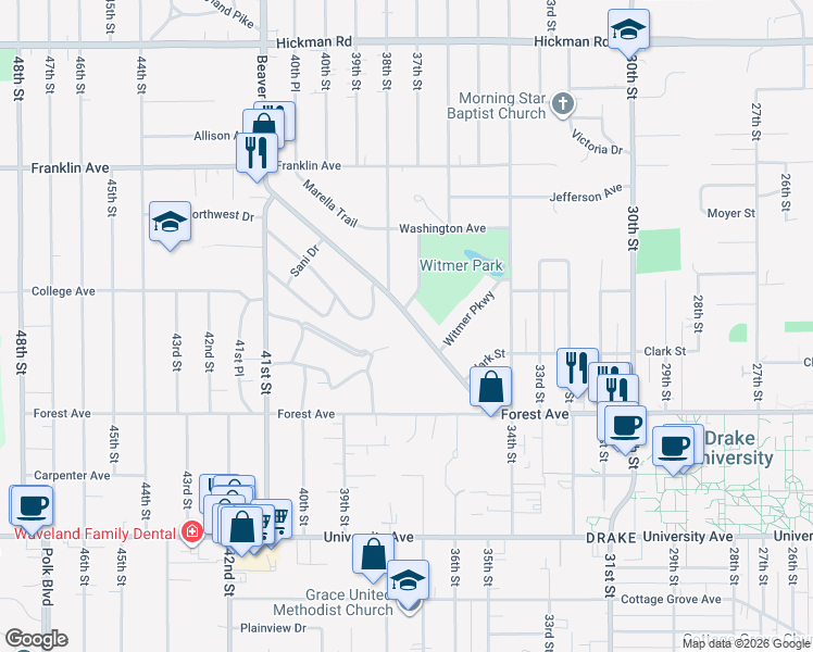 map of restaurants, bars, coffee shops, grocery stores, and more near 1516 Beaver Avenue in Des Moines